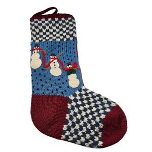 Vintage 100% Wool Knit Christmas Stocking Snowman Patchwork Print